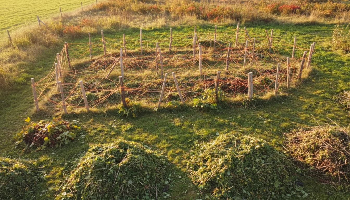 Forêt comestible : dessiner son verger avec des piquets et du broyat avant de planter