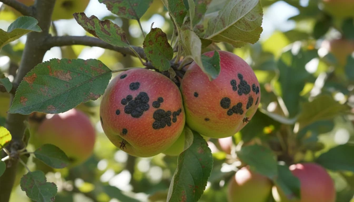 Des taches noires sur tes pommes et tes feuilles : La tavelure, favorisée par l'humidité et la chaleur