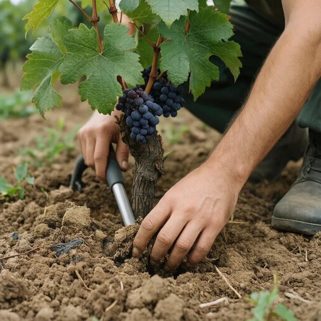 Désherbage manuel autour du cep de vigne avant paillage