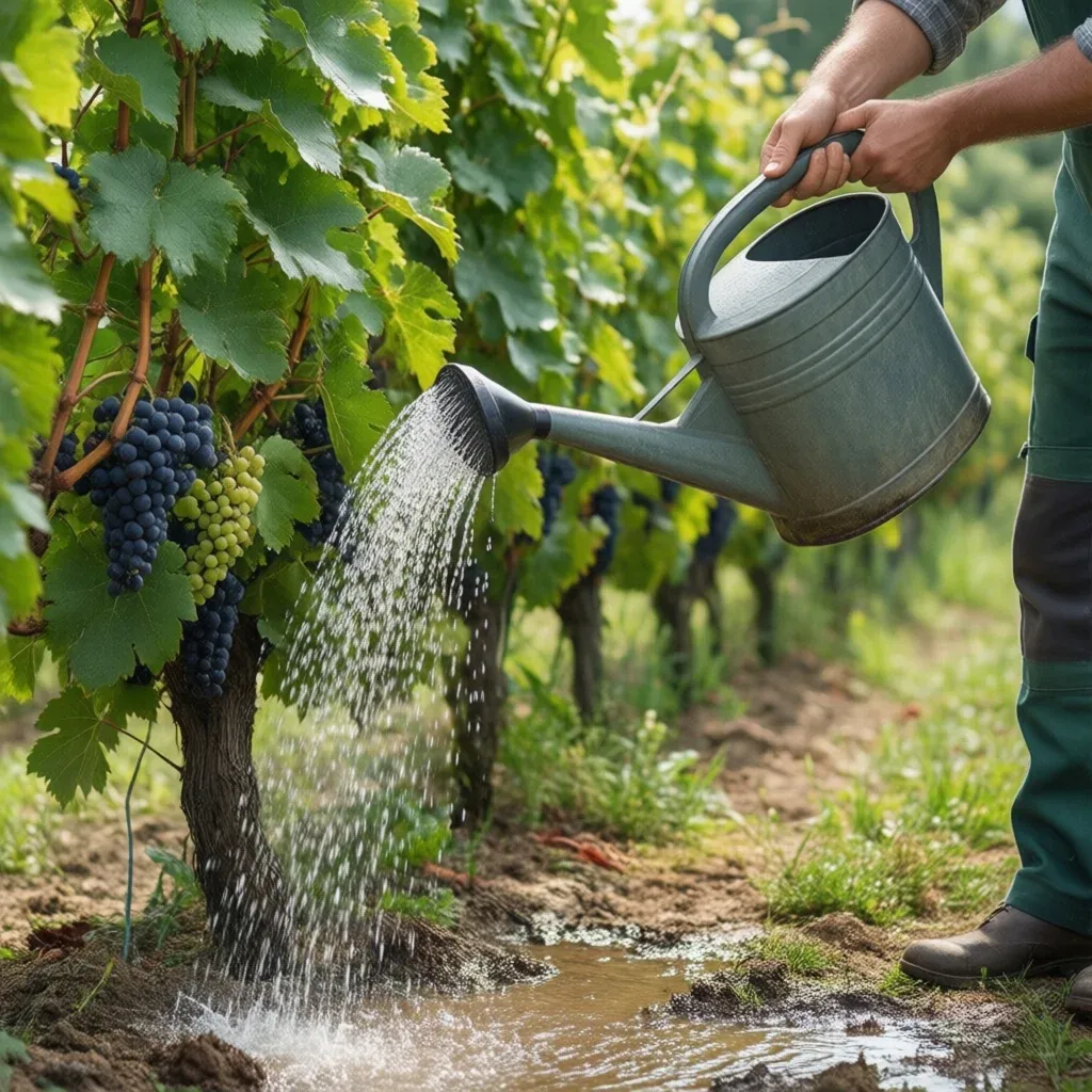Arrosage du sol avant pose du paillis autour d'une vigne