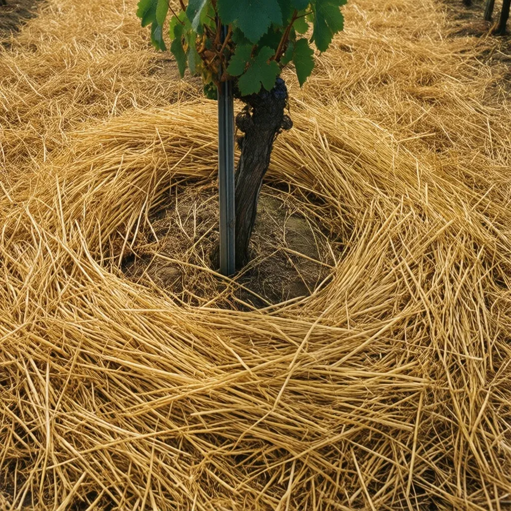 Paillis de paille posé autour d'un cep de vigne avec espace libre au collet