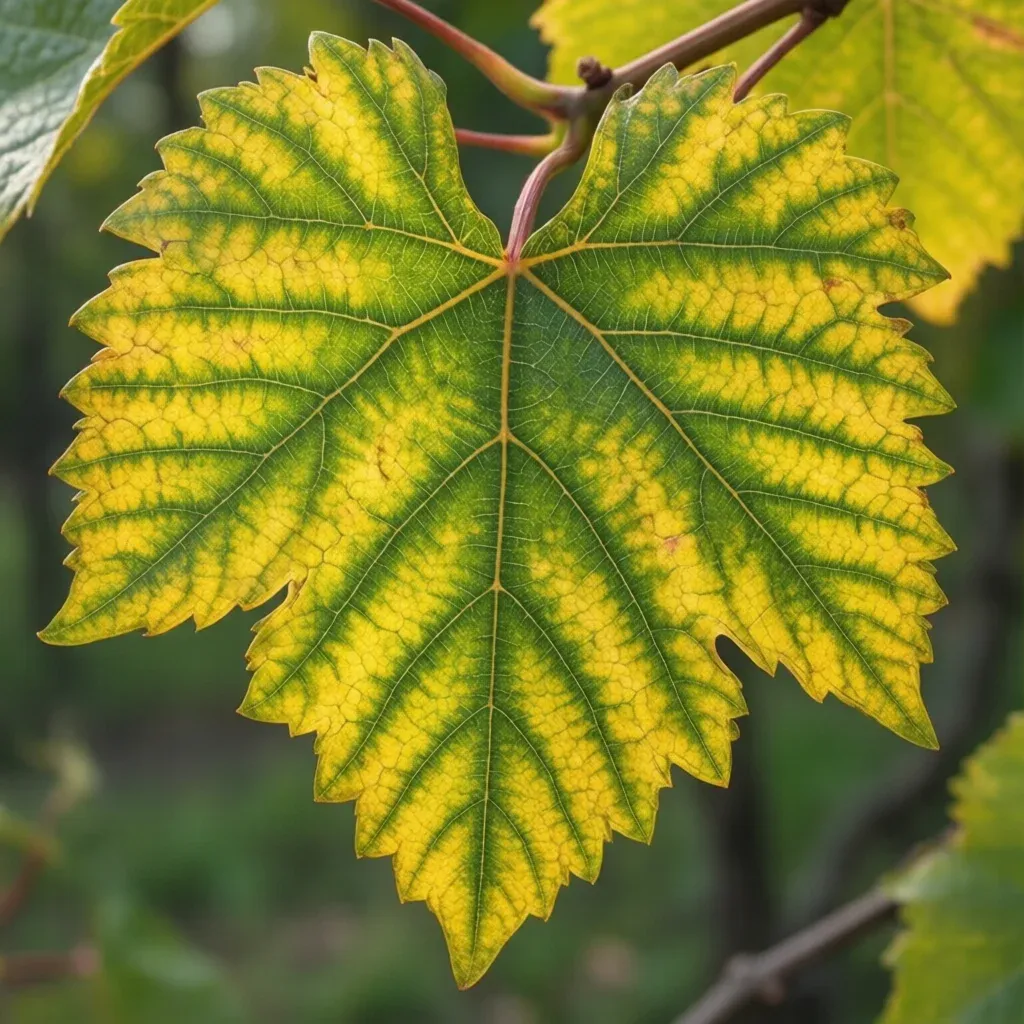 Chlorose ferrique sur feuille de vigne avec jaunissement internervaire et nervures vertes