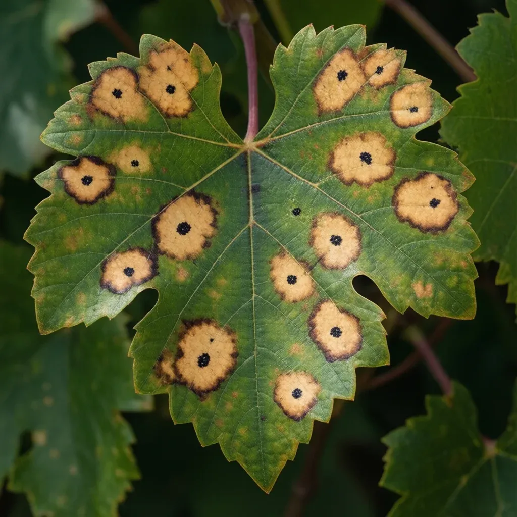Taches de black-rot sur feuille de vigne avec points noirs caractéristiques