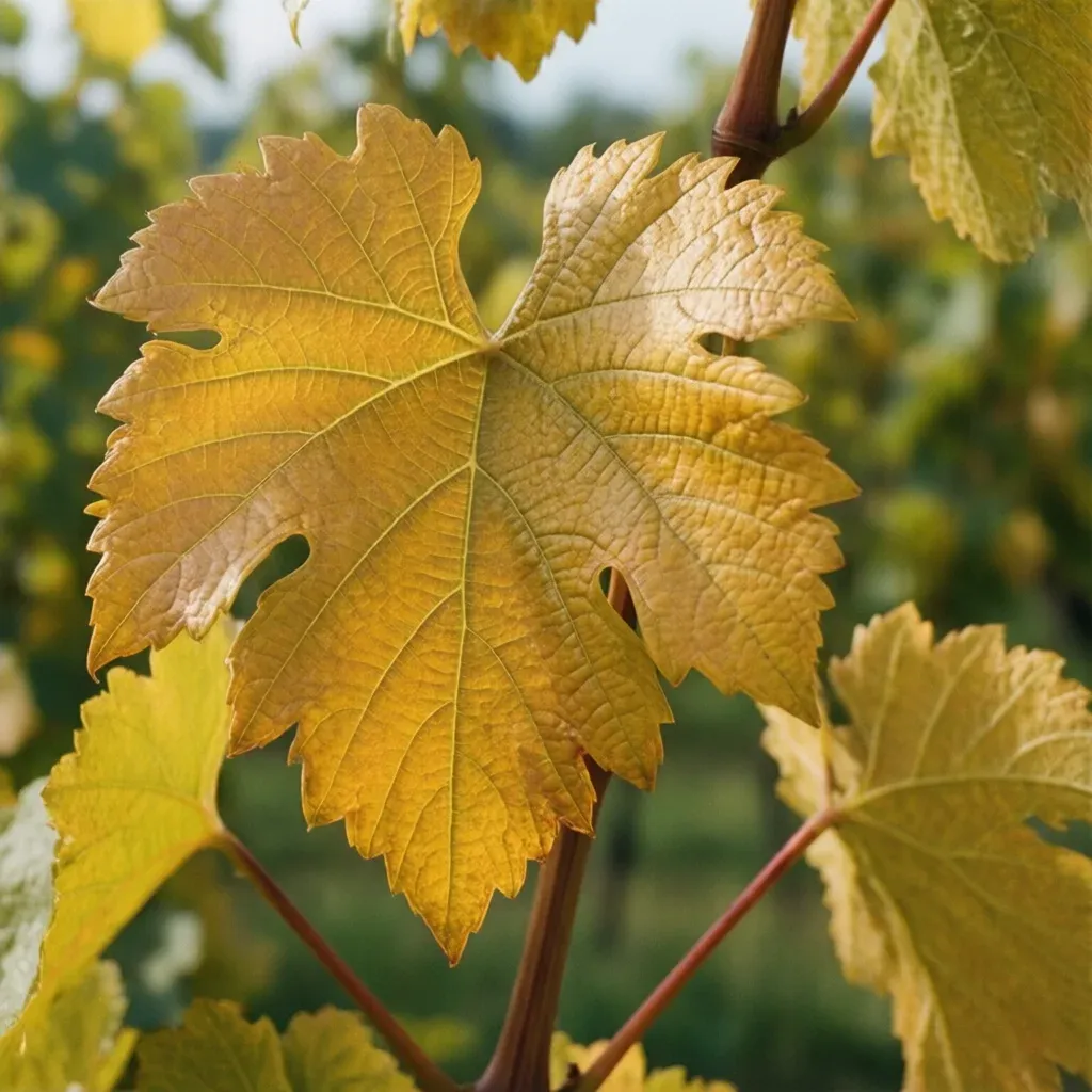 Symptômes de flavescence dorée sur feuilles de vigne d'un cépage blanc en juillet