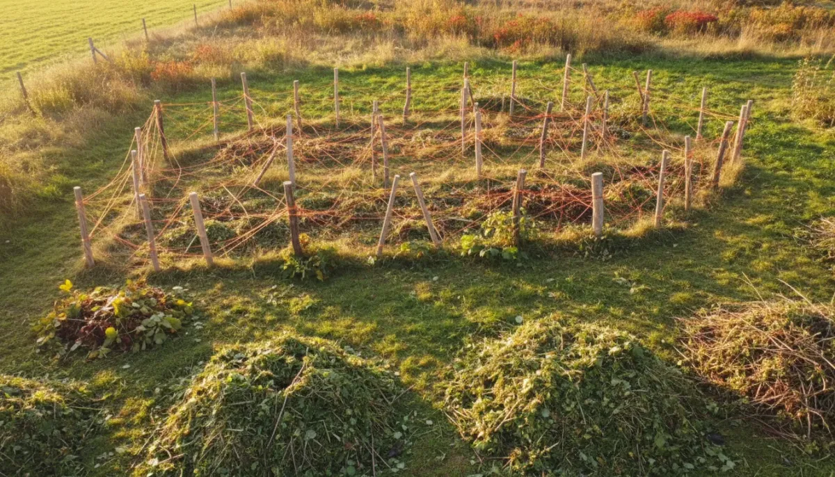 Piquets en bois et broyat de déchets verts traçant l'emplacement d'un futur verger en forêt comestible