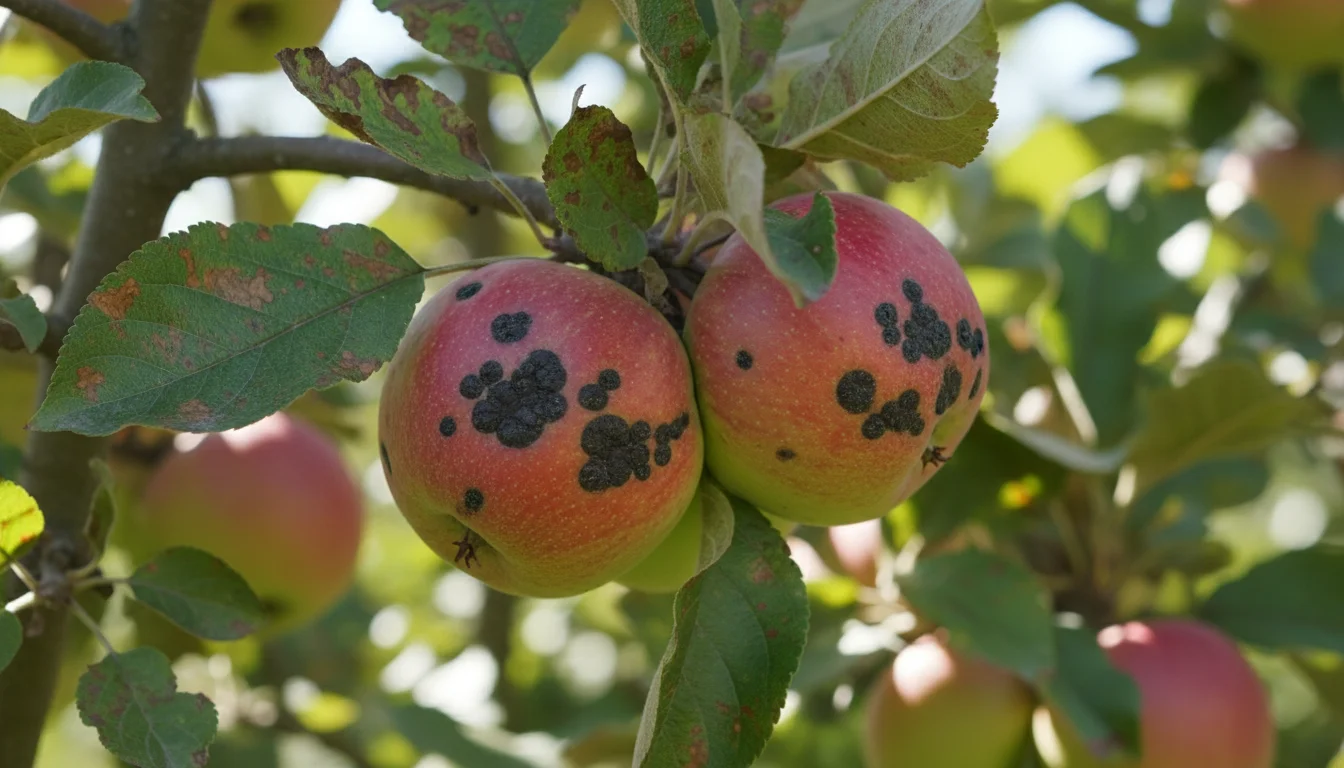 Des taches noires sur tes pommes et tes feuilles : La tavelure, favorisée par l'humidité et la chaleur